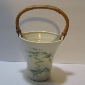 vtg abstract green branch leaves basket pottery signed vase holder bamboo handle